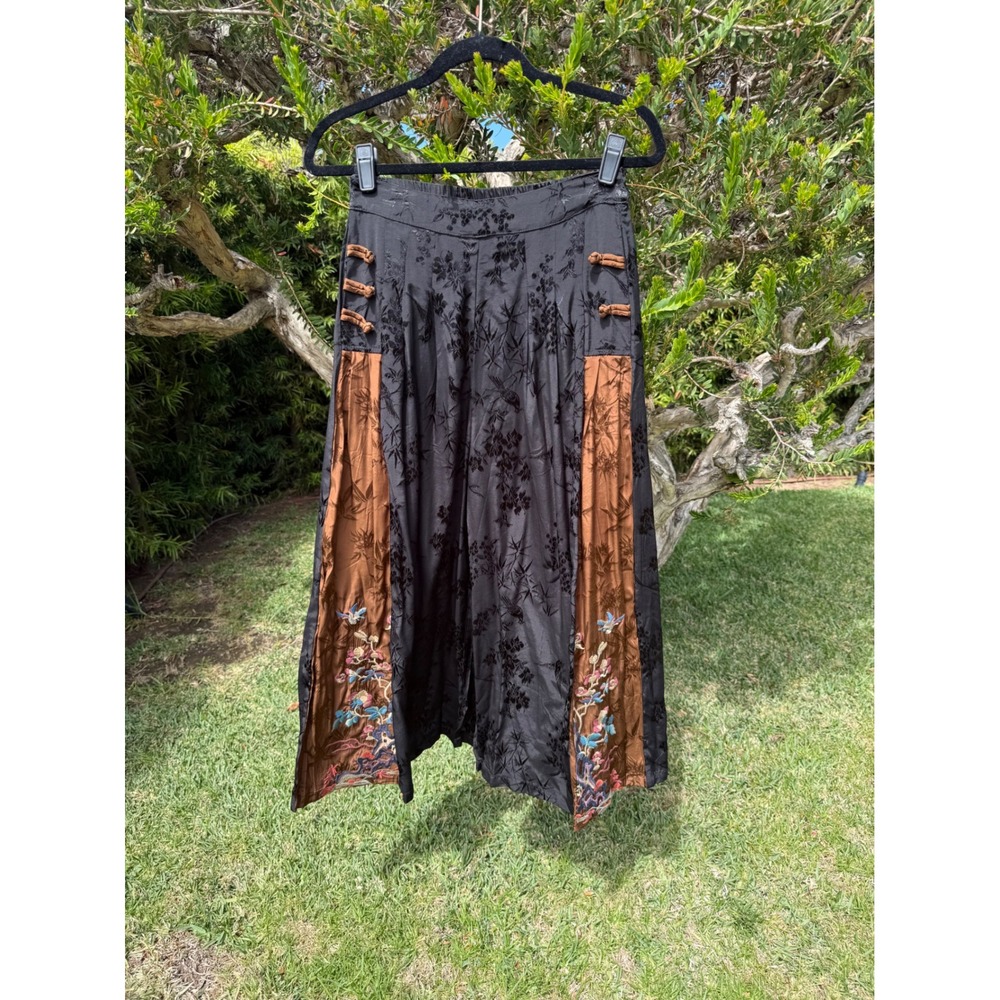 SooLinen Black Jacquard Embroidered Wide Leg Culotte‎ Pants Bronze Frog Buttons